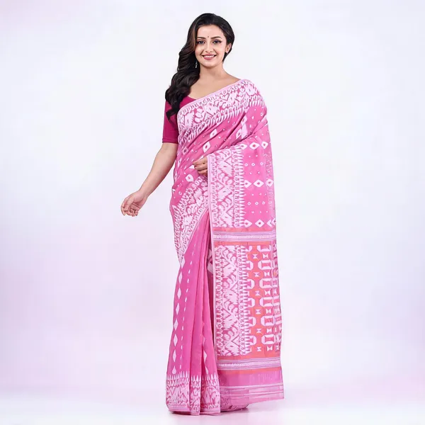 Pink_Cotton_Silk_Geometric_Traditional_Bengal_Tant_Saree_For_Women