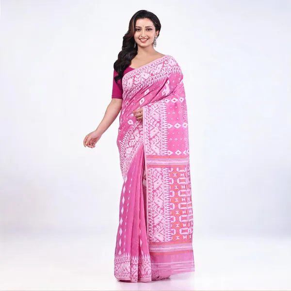 Pink_Cotton_Silk_Geometric_Traditional_Bengal_Tant_Saree_For_Women