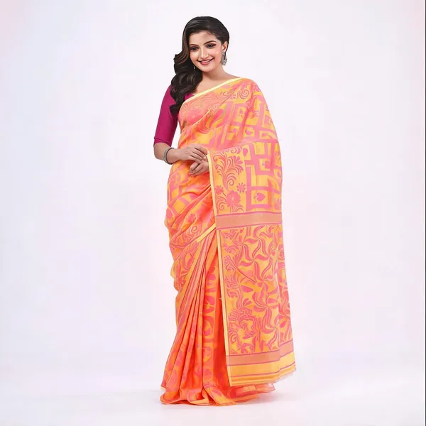 Light_Orange_Cotton_Jamdani_Traditional_Floral_Saree_With_Blouse_Piece_For_Women