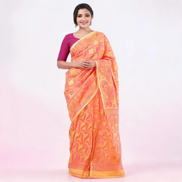 Light_Orange_Cotton_Jamdani_Traditional_Floral_Saree_With_Blouse_Piece_For_Women