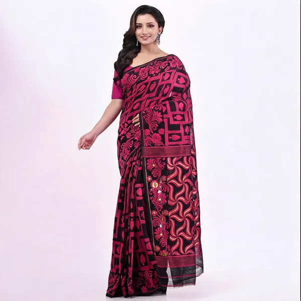 Black_Cotton_Jamdani_Floral_Traditional_Saree_For_Women