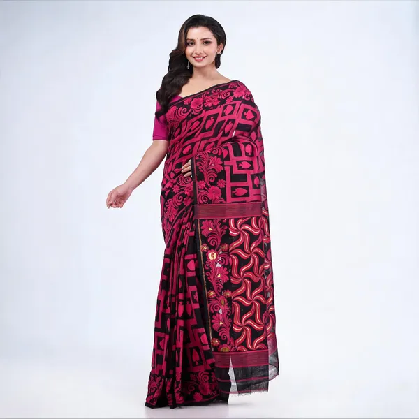 Black_Cotton_Jamdani_Floral_Traditional_Saree_For_Women