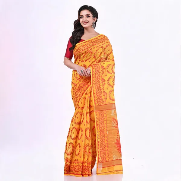 Yellow_Cotton_Jamdani_Traditional_Floral_Saree_With_Blouse_For_Women