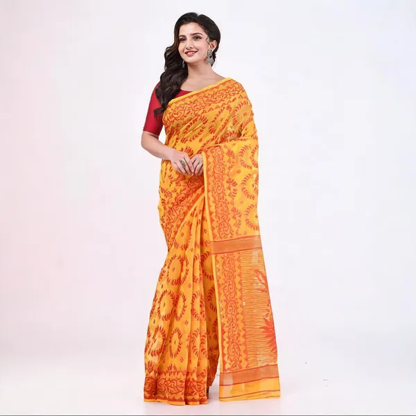 Yellow_Cotton_Jamdani_Traditional_Floral_Saree_With_Blouse_For_Women