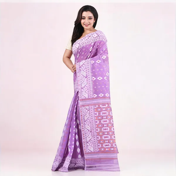 Lavender_Cotton_Silk_Geometric_Jamdani_Traditional_Saree_For_Women