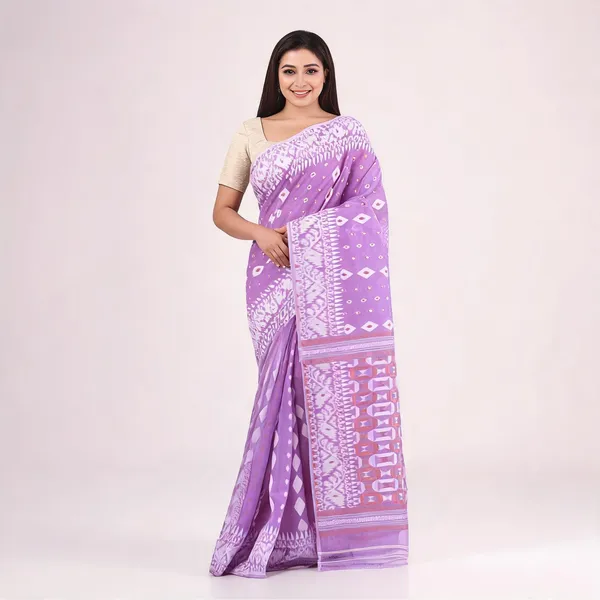 Lavender_Cotton_Silk_Geometric_Jamdani_Traditional_Saree_For_Women