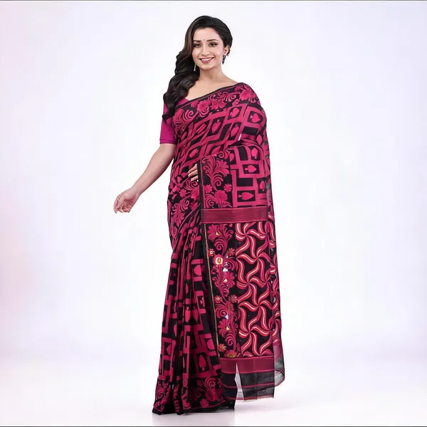 Black_Cotton_Jamdani_Handloom_Floral_Saree_With_Blouse_For_Women