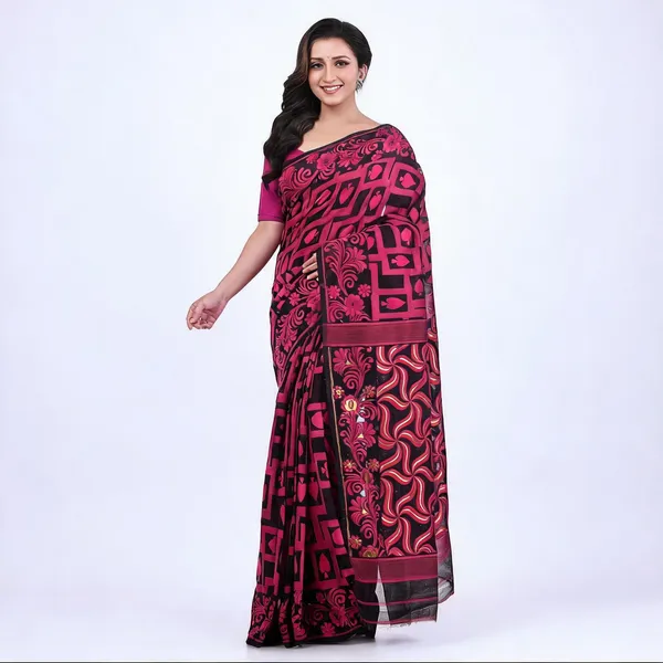 Black_Cotton_Jamdani_Handloom_Floral_Saree_With_Blouse_For_Women