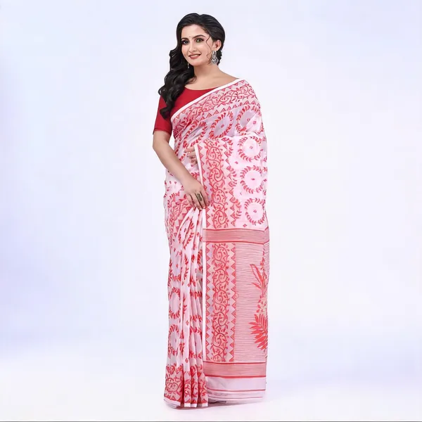 White_Red_Cotton_Jamdani_Traditional_Saree_With_Blouse_For_Women