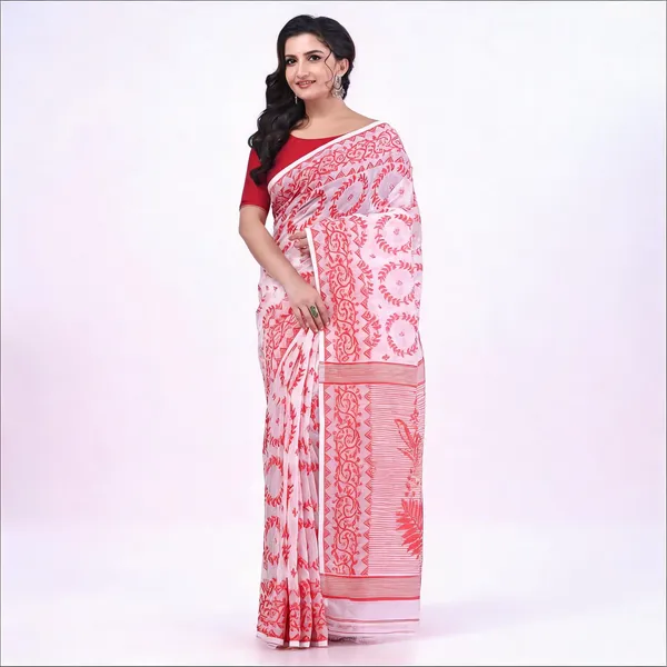 White_Red_Cotton_Jamdani_Traditional_Saree_With_Blouse_For_Women