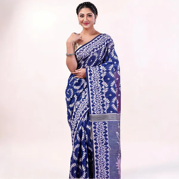 Blue_Cotton_Jamdani_Floral_Traditional_Saree_For_Women