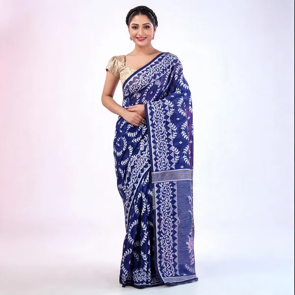 Blue_Cotton_Jamdani_Floral_Traditional_Saree_For_Women