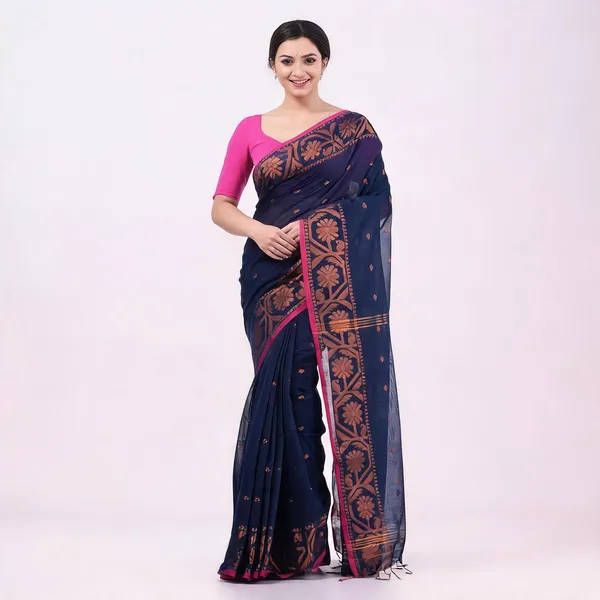 Dark_Blue_Cotton_Silk_Handloom_Floral_Traditional_Saree_For_Women