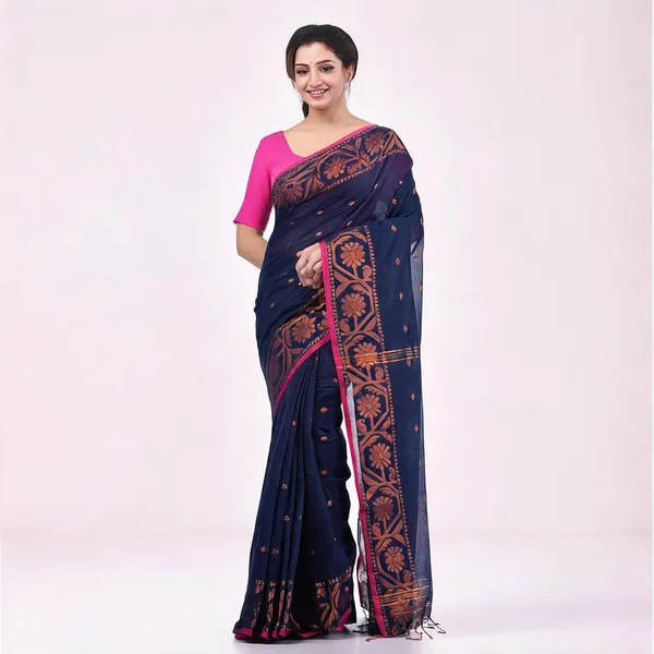 Dark_Blue_Cotton_Silk_Handloom_Floral_Traditional_Saree_For_Women