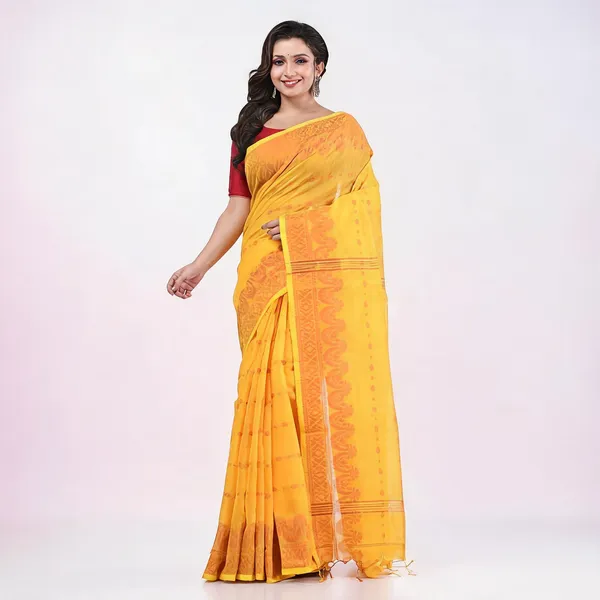 Yellow_Cotton_Silk_Floral_Traditional_Handloom_Saree_With_Blouse_For_Women