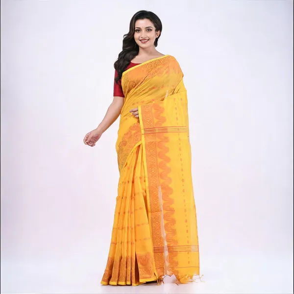 Yellow_Cotton_Silk_Floral_Traditional_Handloom_Saree_With_Blouse_For_Women