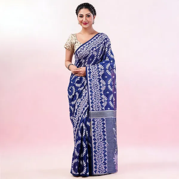 Blue_Cotton_Silk_Jamdani_Floral_Traditional_Saree_With_Blouse_For_Women