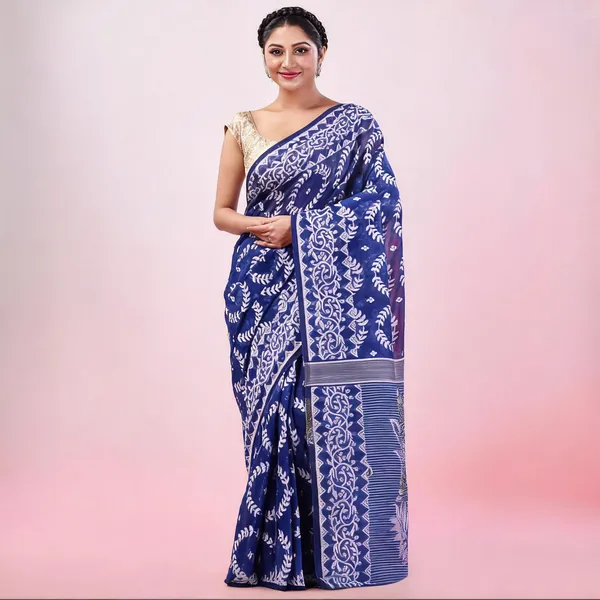Blue_Cotton_Silk_Jamdani_Floral_Traditional_Saree_With_Blouse_For_Women