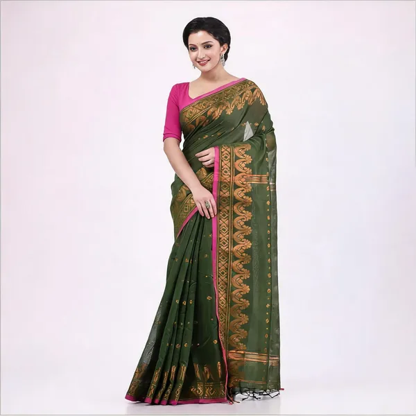 Dark_Olive_Cotton_Silk_Floral_Traditional_Bengal_Handloom_Saree_For_Women