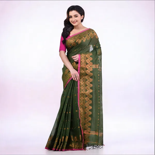 Dark_Olive_Cotton_Silk_Floral_Traditional_Bengal_Handloom_Saree_For_Women
