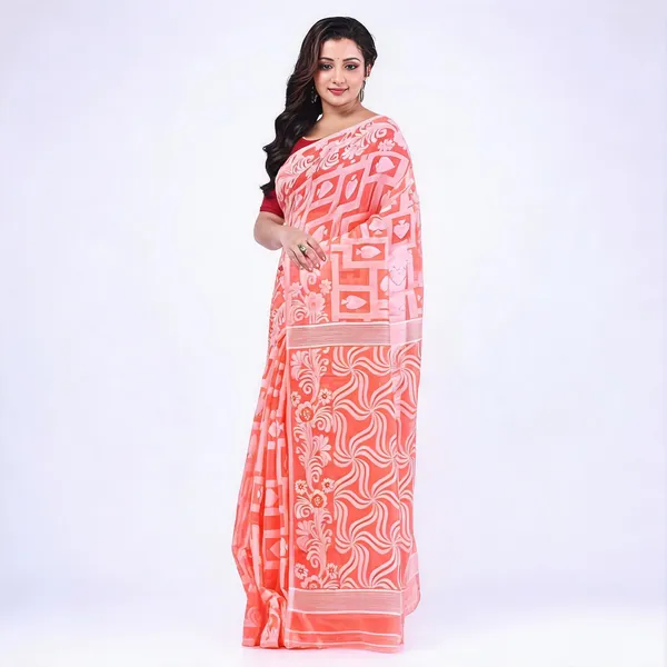 Light_Pink_Cotton_Jamdani_Floral_Traditional_Saree_With_Blouse_For_Women