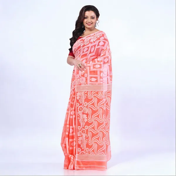 Light_Pink_Cotton_Jamdani_Floral_Traditional_Saree_With_Blouse_For_Women