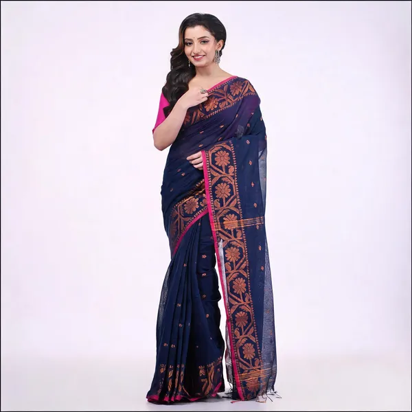 Dark_Blue_Cotton_Silk_Floral_Handloom_Saree_With_Blouse_For_Women