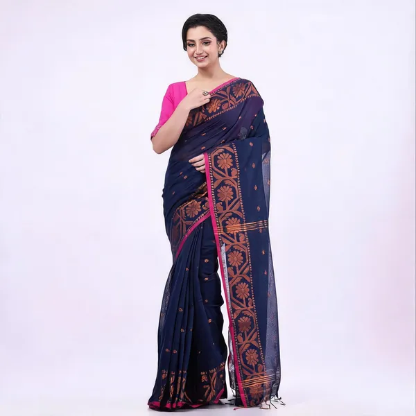 Dark_Blue_Cotton_Silk_Floral_Handloom_Saree_With_Blouse_For_Women