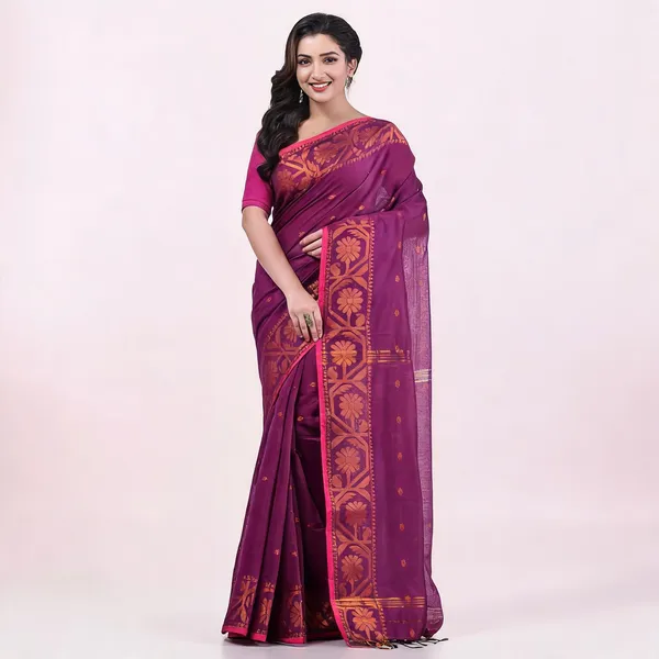 Purple_Cotton_Silk_Floral_Traditional_Handloom_Saree_With_Blouse_For_Women