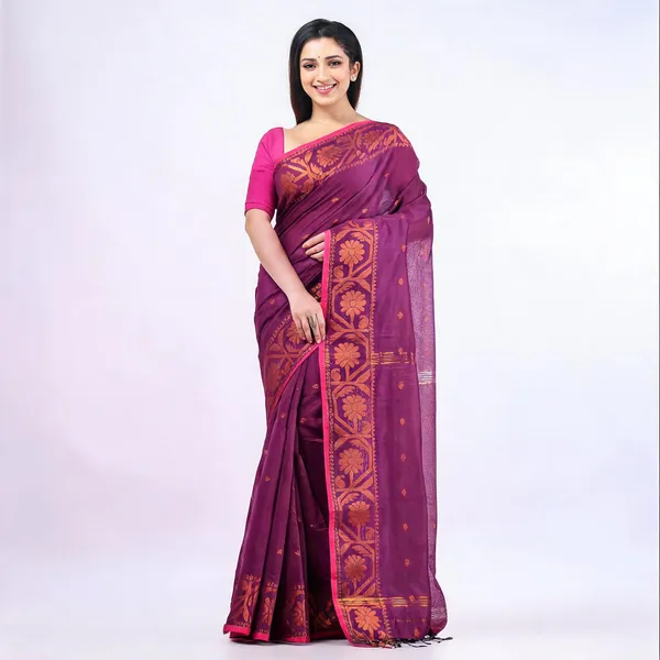 Purple_Cotton_Silk_Floral_Traditional_Handloom_Saree_With_Blouse_For_Women