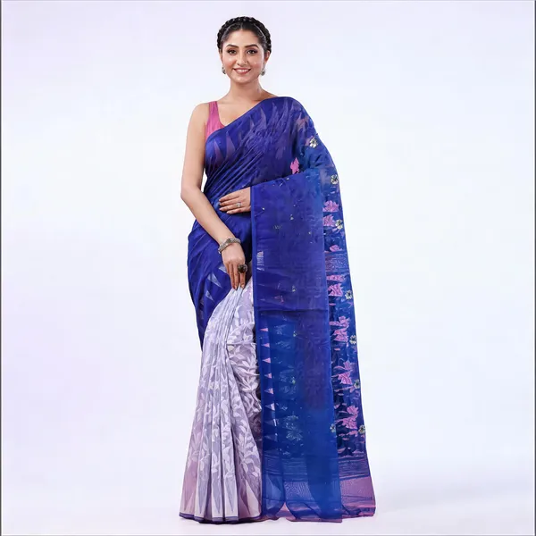 Blue_White_Cotton_Handloom_Jamdani_Floral_Saree_For_Women