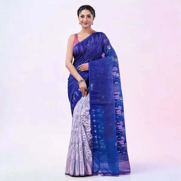 Blue_White_Cotton_Handloom_Jamdani_Floral_Saree_For_Women