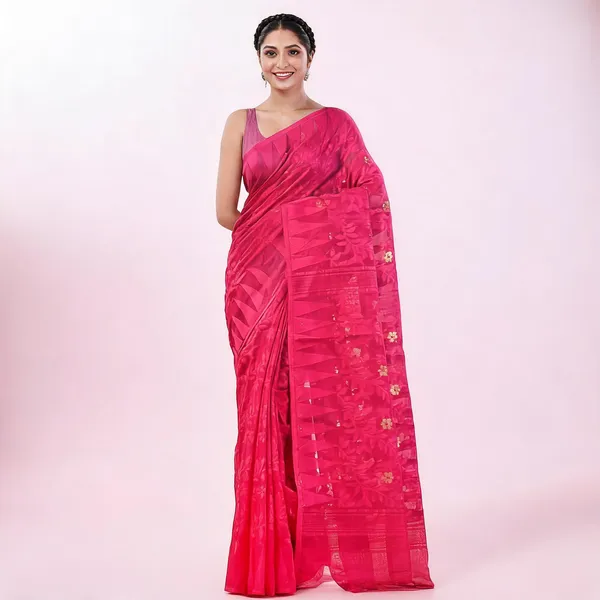 Deep_Pink_Cotton_Handloom_Dhakai_Jamdani_Floral_Saree_For_Women