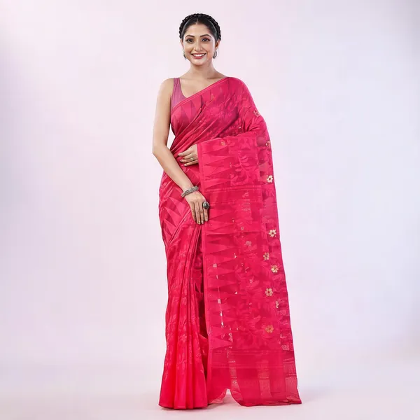 Deep_Pink_Cotton_Handloom_Dhakai_Jamdani_Floral_Saree_For_Women