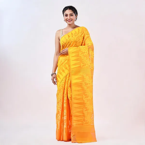 Yellow_Cotton_Handloom_Dhakai_Jamdani_Floral_Saree_For_Women
