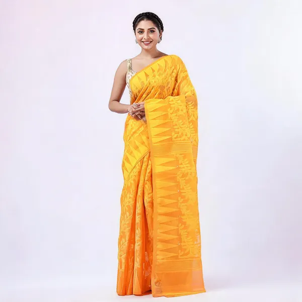 Yellow_Cotton_Handloom_Dhakai_Jamdani_Floral_Saree_For_Women
