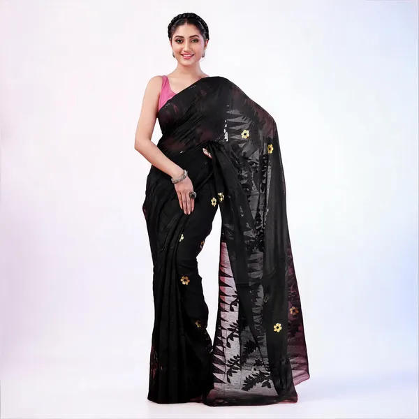 Black_Cotton_Handloom_Dhakai_Jamdani_Floral_Saree_For_Women