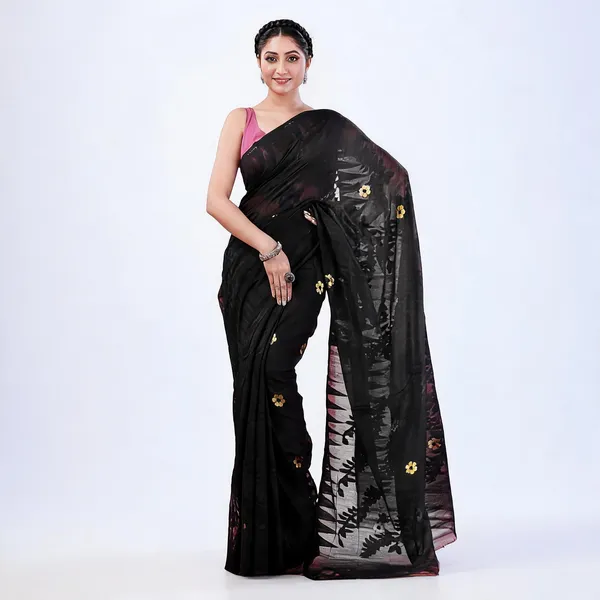 Black_Cotton_Handloom_Dhakai_Jamdani_Floral_Saree_For_Women