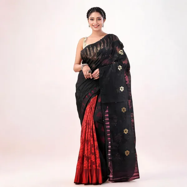 Red_Black_Cotton_Handloom_Dhakai_Jamdani_Floral_Saree_For_Women