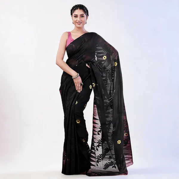 Black_Cotton_Handloom_Dhakai_Jamdani_Floral_Saree_For_Women