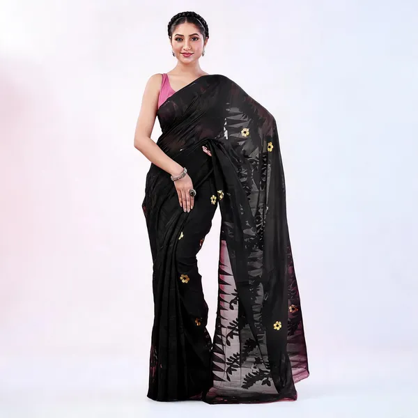 Black_Cotton_Handloom_Dhakai_Jamdani_Floral_Saree_For_Women