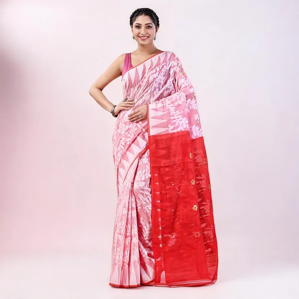 White_Red_Cotton_Handloom_Dhakai_Jamdani_Floral_Saree_For_Women