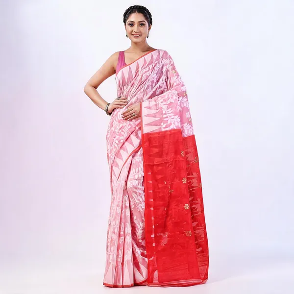 White_Red_Cotton_Handloom_Dhakai_Jamdani_Floral_Saree_For_Women
