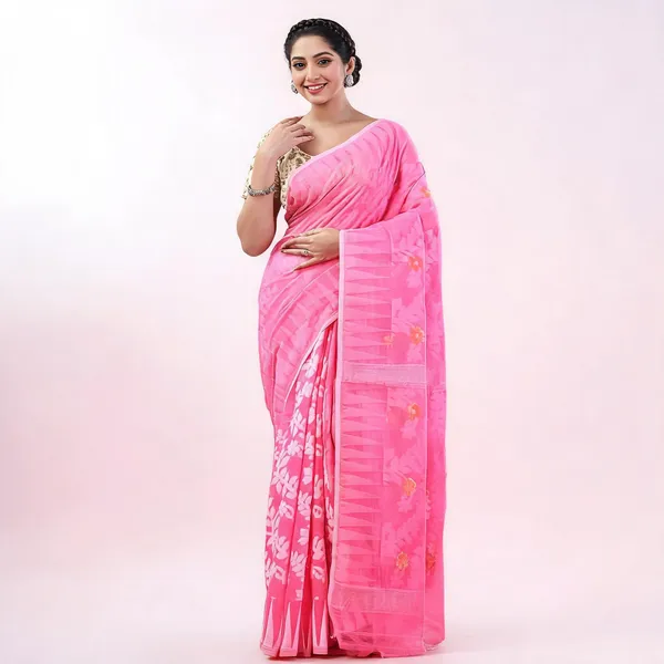 Pink_White_Cotton_Handloom_Jamdani_Traditional_Saree_For_Women