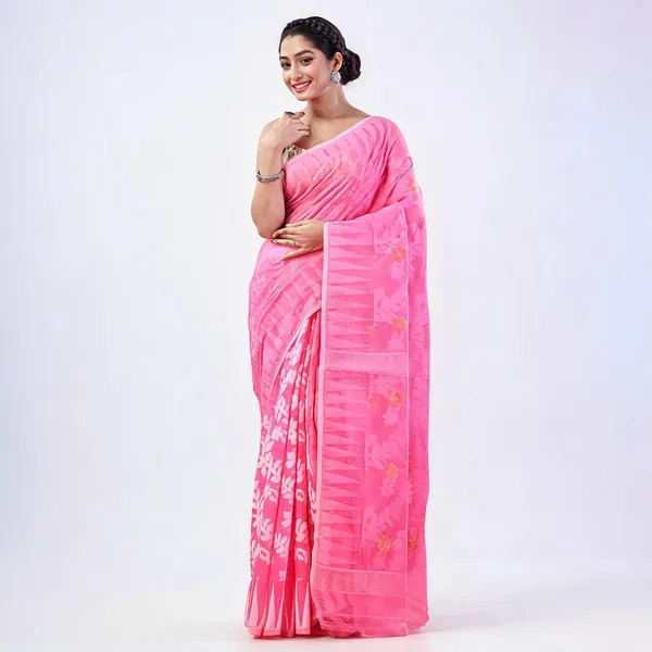 Pink_White_Cotton_Handloom_Jamdani_Traditional_Saree_For_Women