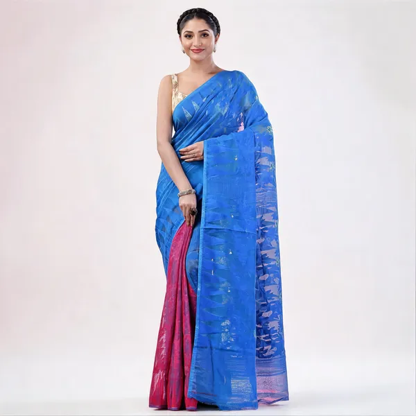 Blue_Pink_Cotton_Handloom_Dhakai_Jamdani_Floral_Saree_For_Women
