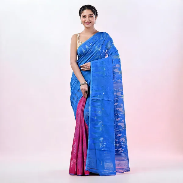 Blue_Pink_Cotton_Handloom_Dhakai_Jamdani_Floral_Saree_For_Women