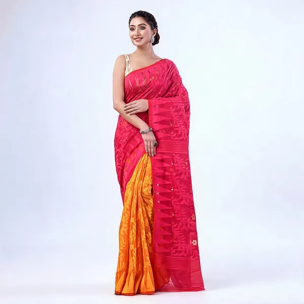 Pink_Yellow_Cotton_Handloom_Jamdani_Traditional_Saree_For_Women