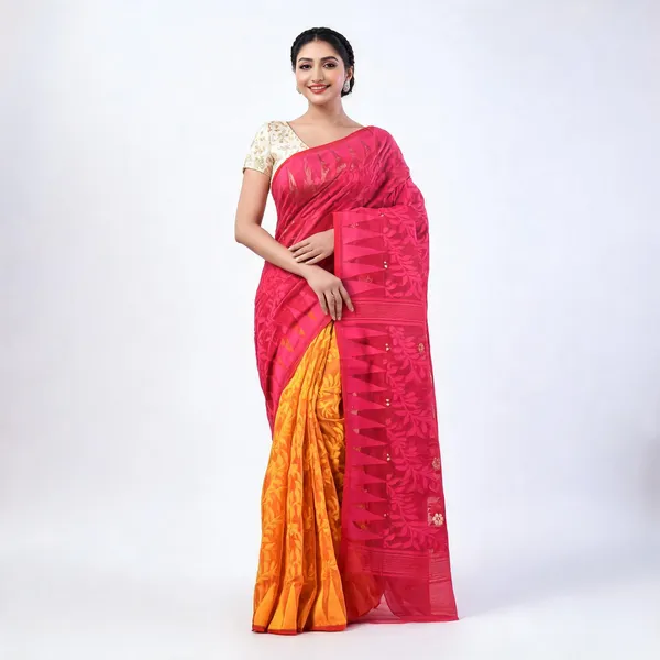 Pink_Yellow_Cotton_Handloom_Jamdani_Traditional_Saree_For_Women
