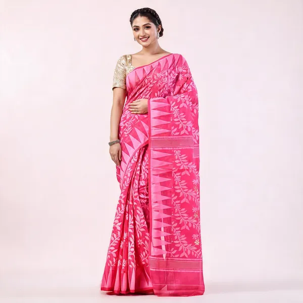 Pink_Cotton_Handloom_Jamdani_Traditional_Saree_For_Women